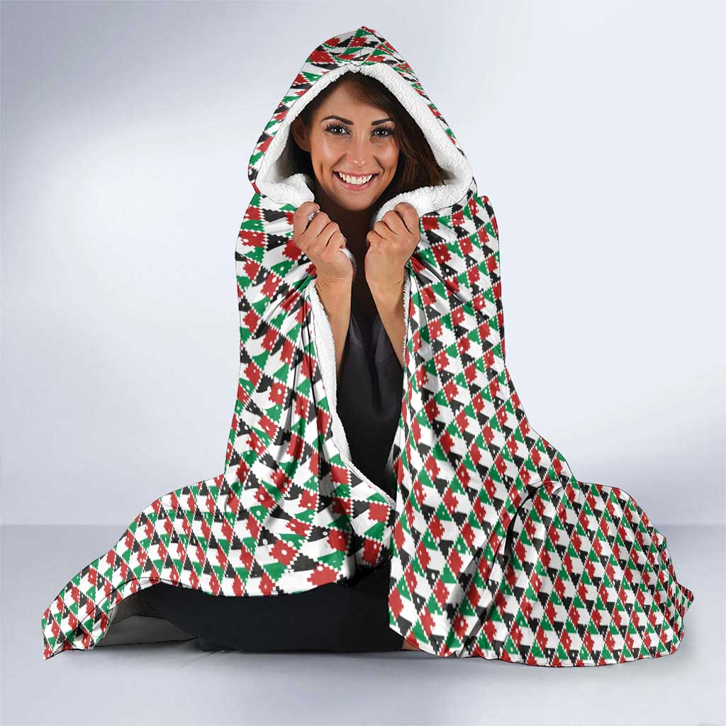 Palestine Christmas Hooded Blanket with Red-Green Pattern, Golden Eagle Emblem, and Jesus Holding Flag Motif - Wonder Print Shop