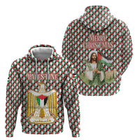 Palestine Christmas Hoodie with Red-Green Pattern, Golden Eagle Emblem, and Jesus Holding Flag Motif - Wonder Print Shop