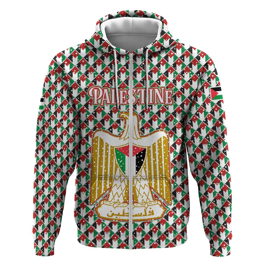 Palestine Christmas Hoodie with Red-Green Pattern, Golden Eagle Emblem, and Jesus Holding Flag Motif - Wonder Print Shop