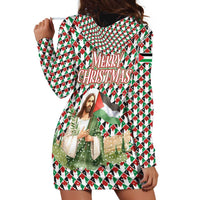Palestine Christmas Hoodie Dress with Red-Green Pattern, Golden Eagle Emblem, and Jesus Holding Flag Motif - Wonder Print Shop
