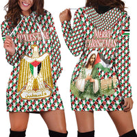 Palestine Christmas Hoodie Dress with Red-Green Pattern, Golden Eagle Emblem, and Jesus Holding Flag Motif - Wonder Print Shop