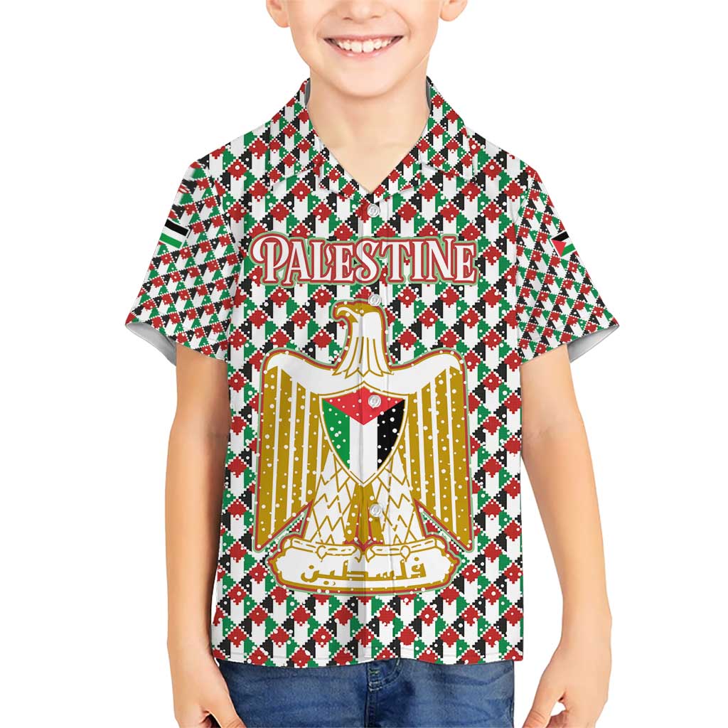 Palestine Christmas Kid Hawaiian Shirt with Red-Green Pattern, Golden Eagle Emblem, and Jesus Holding Flag Motif - Wonder Print Shop