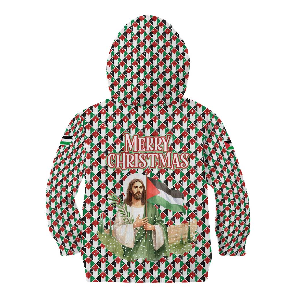 Palestine Christmas Kid Hoodie with Red-Green Pattern, Golden Eagle Emblem, and Jesus Holding Flag Motif - Wonder Print Shop