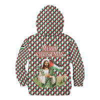 Palestine Christmas Kid Hoodie with Red-Green Pattern, Golden Eagle Emblem, and Jesus Holding Flag Motif - Wonder Print Shop
