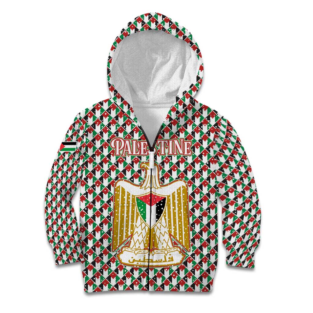 Palestine Christmas Kid Hoodie with Red-Green Pattern, Golden Eagle Emblem, and Jesus Holding Flag Motif - Wonder Print Shop