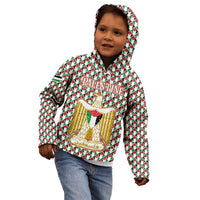 Palestine Christmas Kid Hoodie with Red-Green Pattern, Golden Eagle Emblem, and Jesus Holding Flag Motif - Wonder Print Shop
