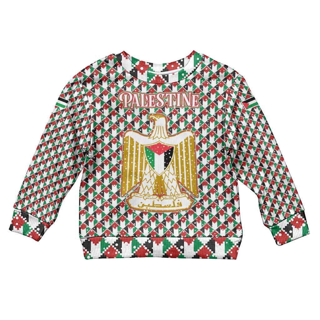 Palestine Christmas Kid Ugly Christmas Sweater with Red-Green Pattern, Golden Eagle Emblem, and Jesus Holding Flag Motif - Wonder Print Shop