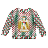 Palestine Christmas Kid Ugly Christmas Sweater with Red-Green Pattern, Golden Eagle Emblem, and Jesus Holding Flag Motif - Wonder Print Shop