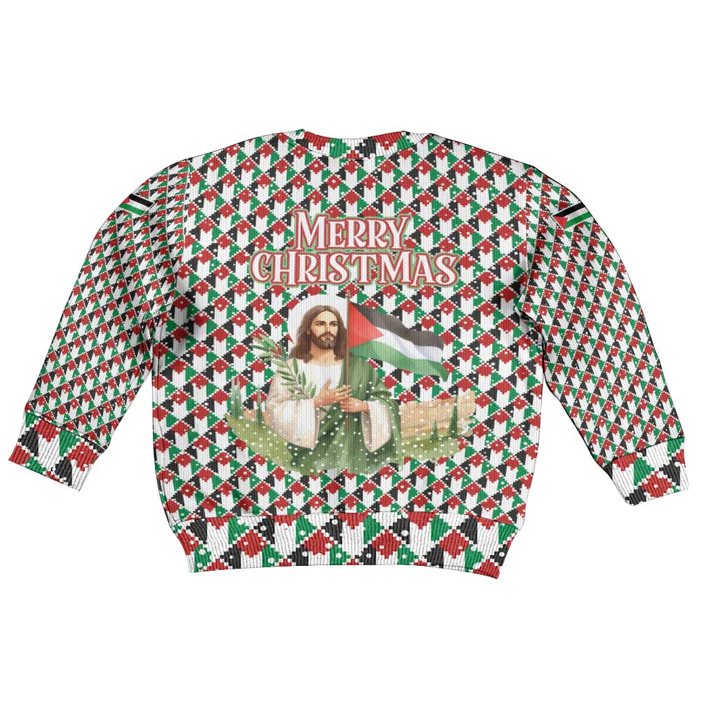 Palestine Christmas Kid Ugly Christmas Sweater with Red-Green Pattern, Golden Eagle Emblem, and Jesus Holding Flag Motif - Wonder Print Shop