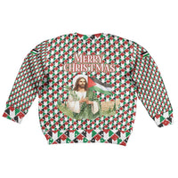 Palestine Christmas Kid Ugly Christmas Sweater with Red-Green Pattern, Golden Eagle Emblem, and Jesus Holding Flag Motif - Wonder Print Shop