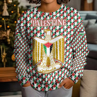 Palestine Christmas Kid Ugly Christmas Sweater with Red-Green Pattern, Golden Eagle Emblem, and Jesus Holding Flag Motif - Wonder Print Shop