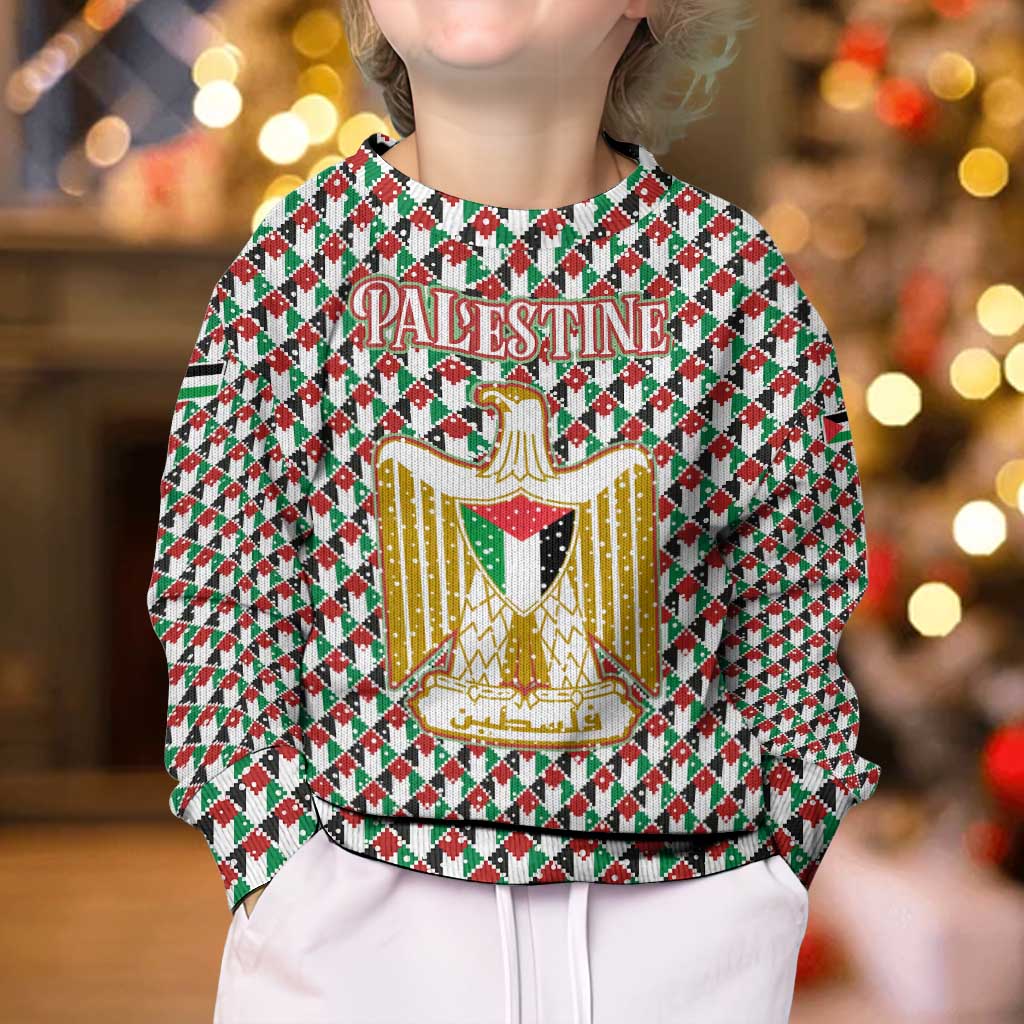 Palestine Christmas Kid Ugly Christmas Sweater with Red-Green Pattern, Golden Eagle Emblem, and Jesus Holding Flag Motif - Wonder Print Shop