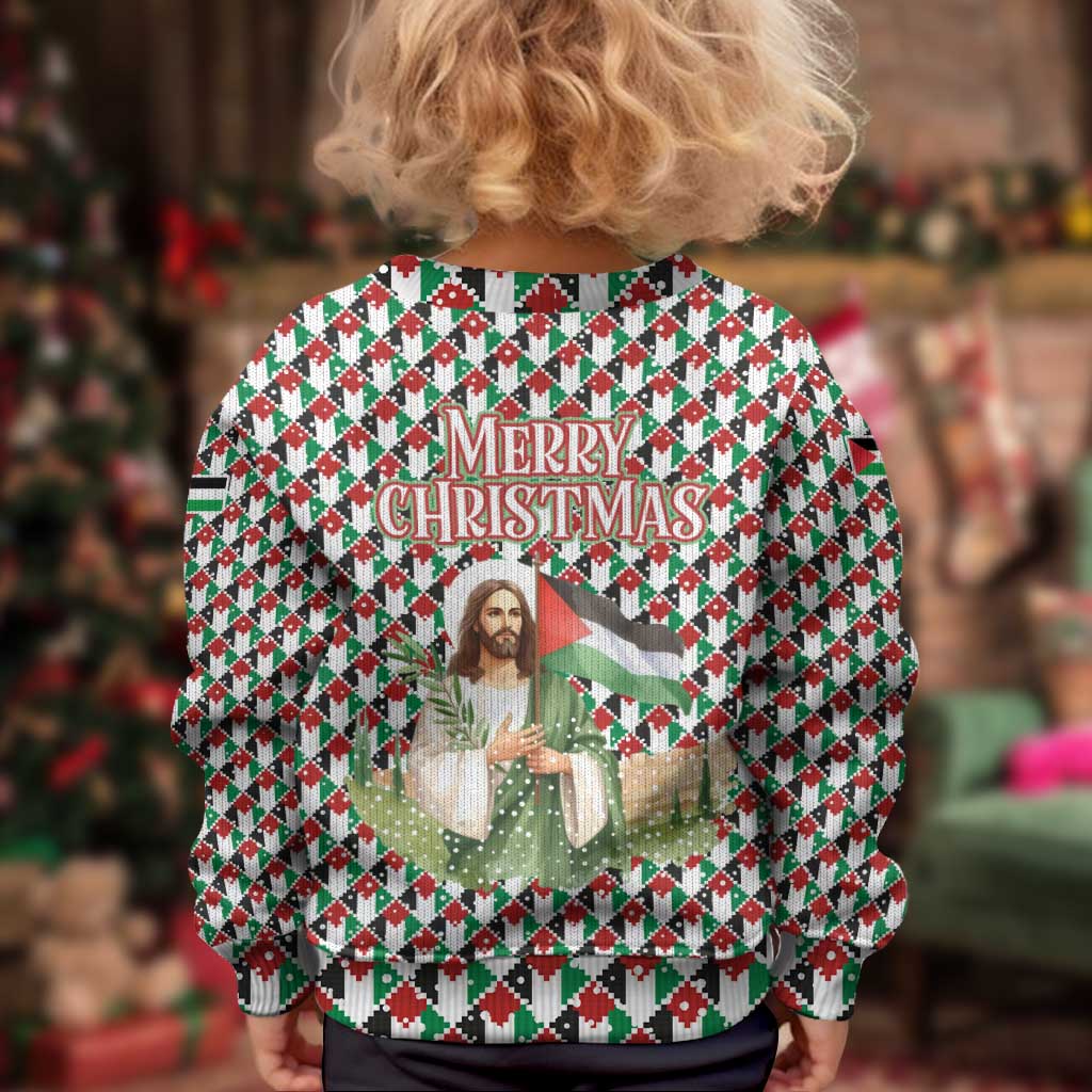 Palestine Christmas Kid Ugly Christmas Sweater with Red-Green Pattern, Golden Eagle Emblem, and Jesus Holding Flag Motif - Wonder Print Shop