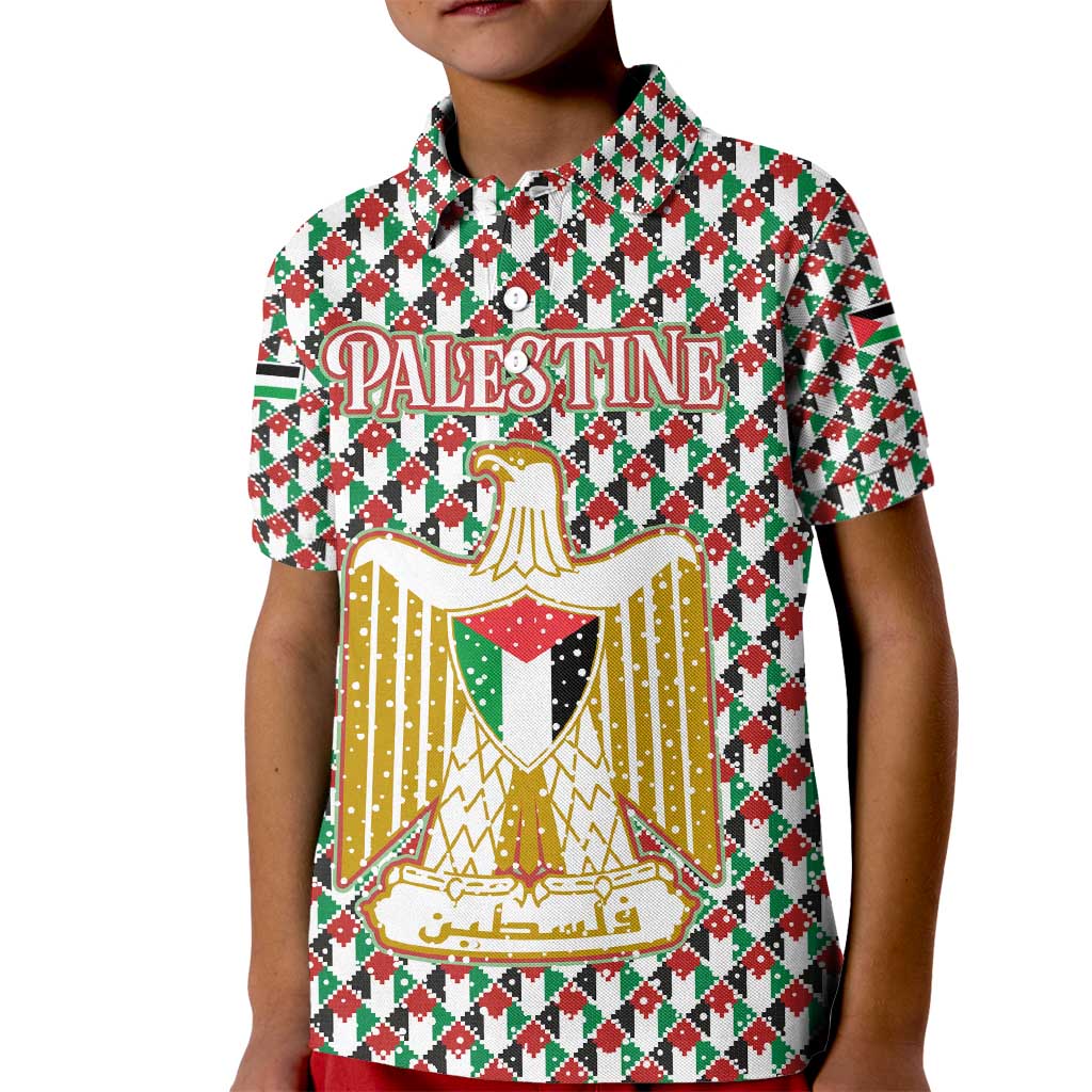 Palestine Christmas Kid Polo Shirt with Red-Green Pattern, Golden Eagle Emblem, and Jesus Holding Flag Motif - Wonder Print Shop