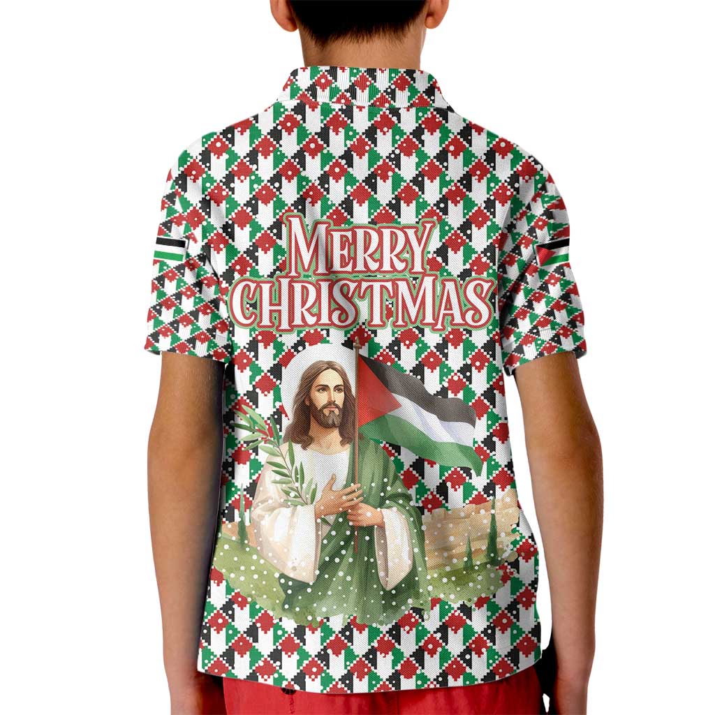 Palestine Christmas Kid Polo Shirt with Red-Green Pattern, Golden Eagle Emblem, and Jesus Holding Flag Motif - Wonder Print Shop