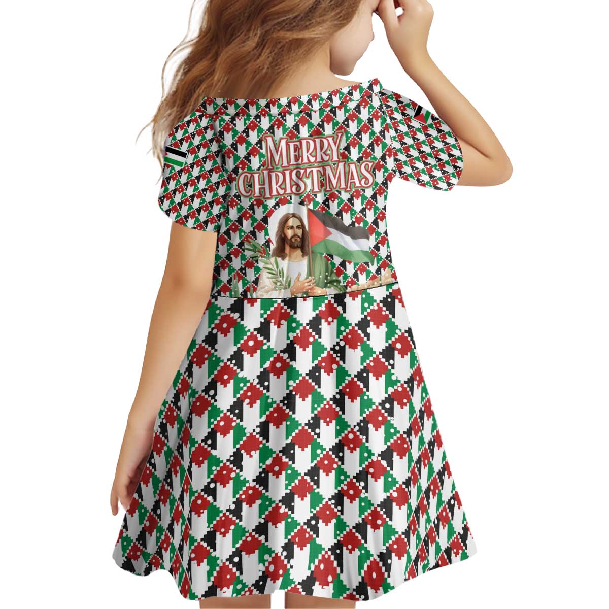 Palestine Christmas Kid Short Sleeve Dress with Red-Green Pattern, Golden Eagle Emblem, and Jesus Holding Flag Motif - Wonder Print Shop