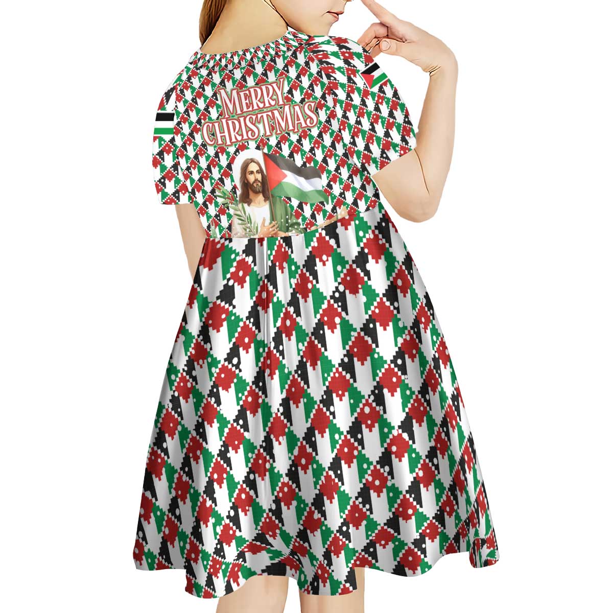 Palestine Christmas Kid Short Sleeve Dress with Red-Green Pattern, Golden Eagle Emblem, and Jesus Holding Flag Motif - Wonder Print Shop