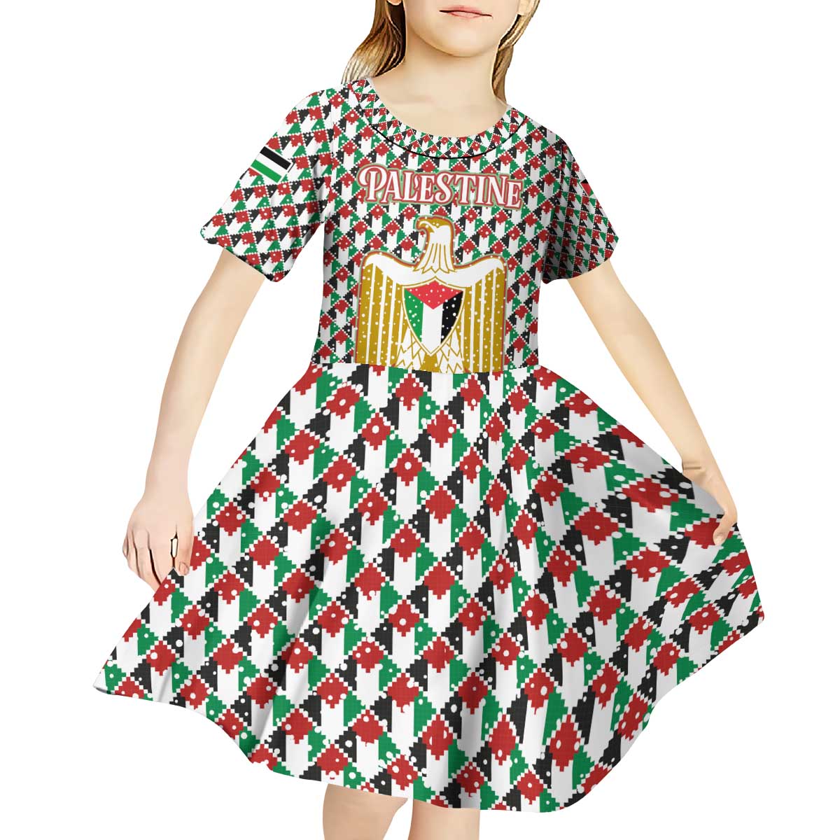 Palestine Christmas Kid Short Sleeve Dress with Red-Green Pattern, Golden Eagle Emblem, and Jesus Holding Flag Motif - Wonder Print Shop