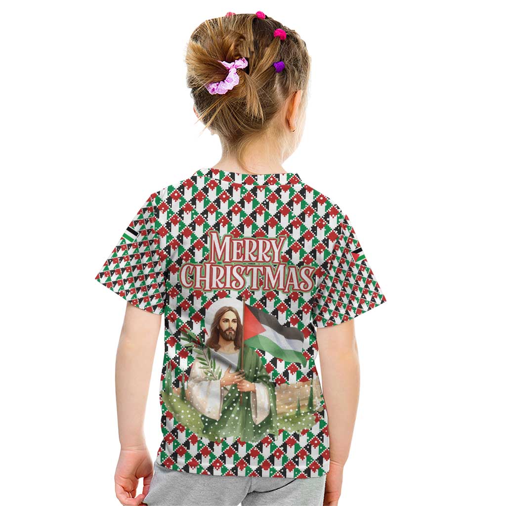 Palestine Christmas Kid T Shirt with Red-Green Pattern, Golden Eagle Emblem, and Jesus Holding Flag Motif - Wonder Print Shop