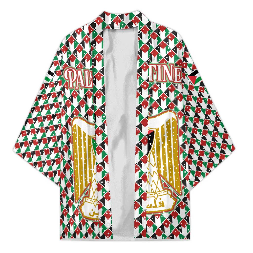 Palestine Christmas Kimono with Red-Green Pattern, Golden Eagle Emblem, and Jesus Holding Flag Motif - Wonder Print Shop