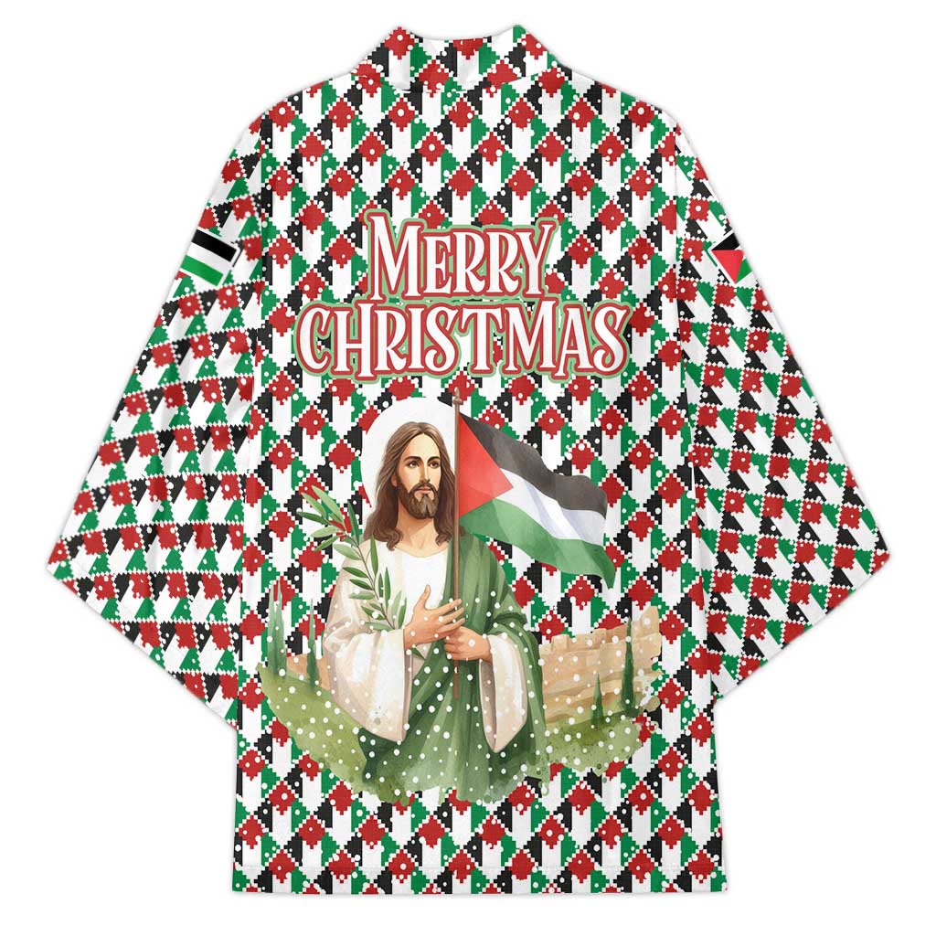 Palestine Christmas Kimono with Red-Green Pattern, Golden Eagle Emblem, and Jesus Holding Flag Motif - Wonder Print Shop