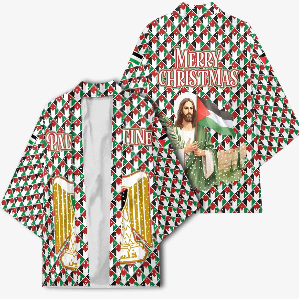 Palestine Christmas Kimono with Red-Green Pattern, Golden Eagle Emblem, and Jesus Holding Flag Motif - Wonder Print Shop