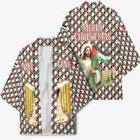 Palestine Christmas Kimono with Red-Green Pattern, Golden Eagle Emblem, and Jesus Holding Flag Motif - Wonder Print Shop