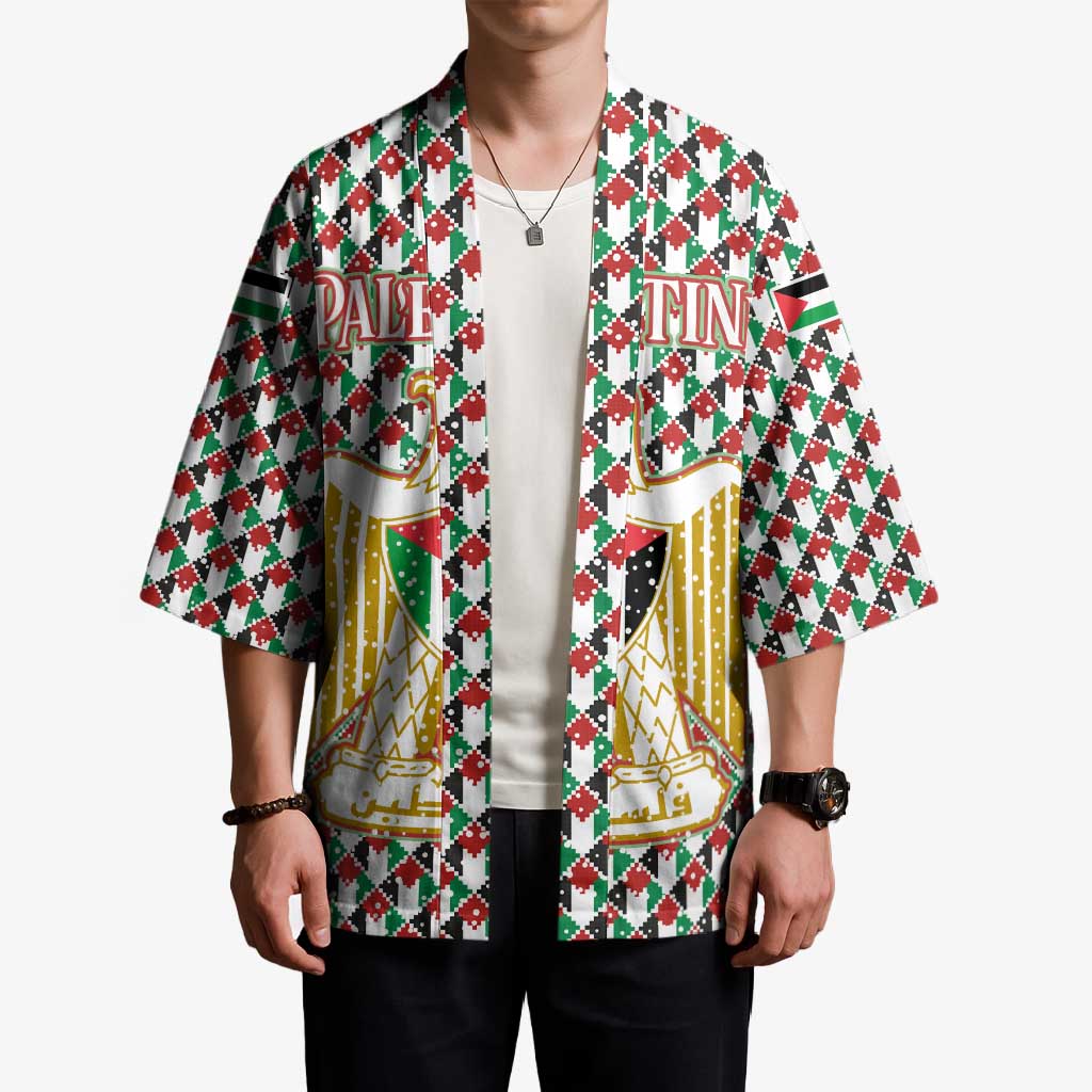 Palestine Christmas Kimono with Red-Green Pattern, Golden Eagle Emblem, and Jesus Holding Flag Motif - Wonder Print Shop