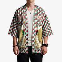 Palestine Christmas Kimono with Red-Green Pattern, Golden Eagle Emblem, and Jesus Holding Flag Motif - Wonder Print Shop