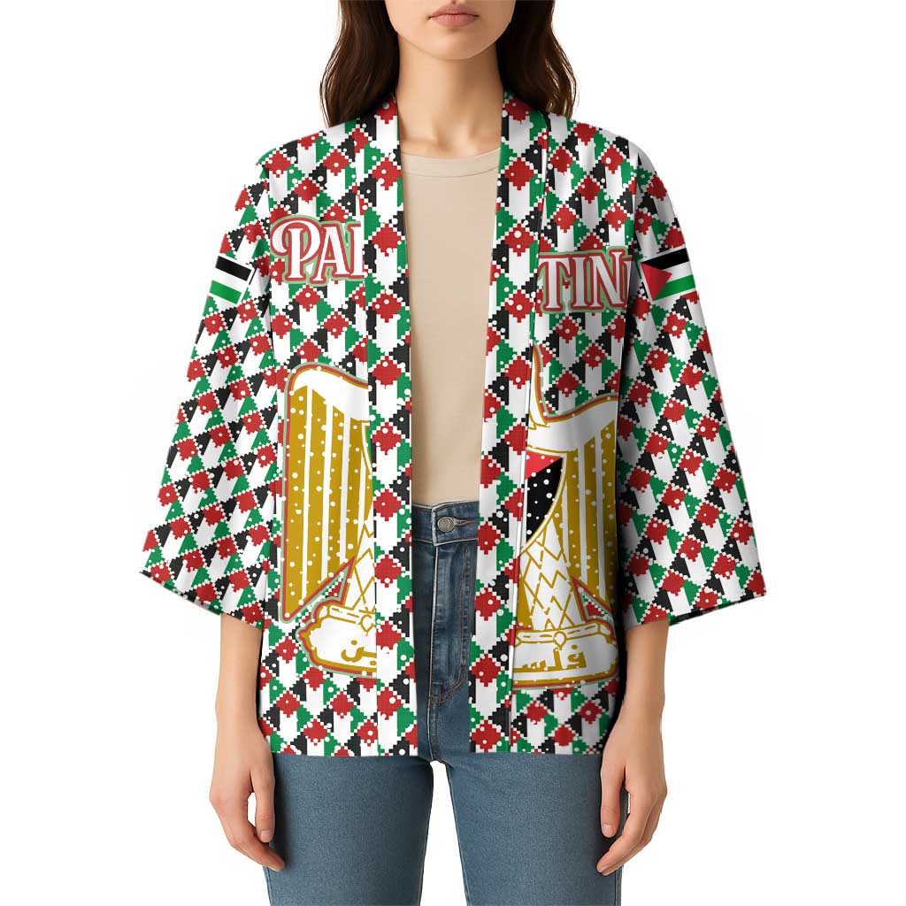 Palestine Christmas Kimono with Red-Green Pattern, Golden Eagle Emblem, and Jesus Holding Flag Motif - Wonder Print Shop