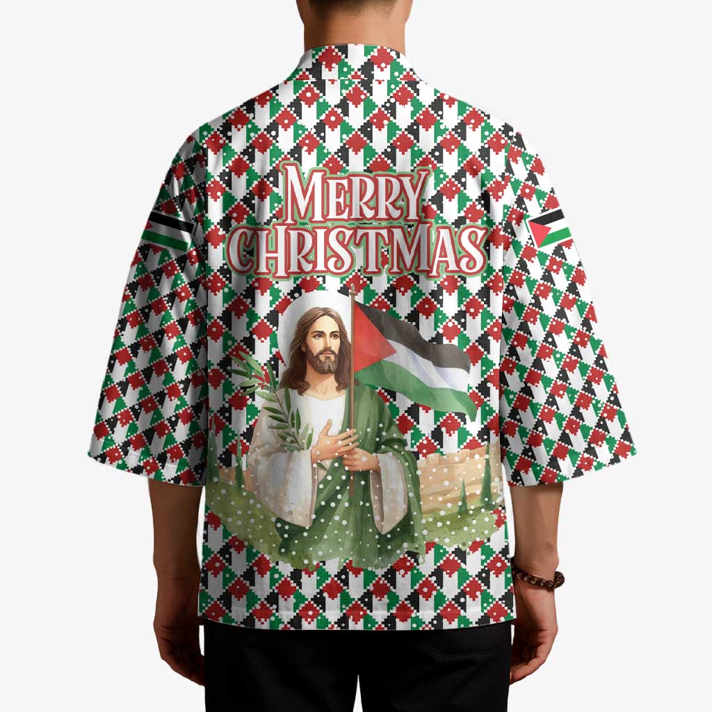 Palestine Christmas Kimono with Red-Green Pattern, Golden Eagle Emblem, and Jesus Holding Flag Motif - Wonder Print Shop