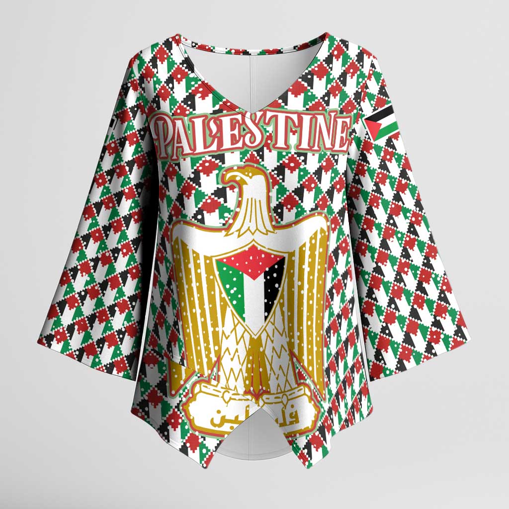 Palestine Christmas Kimono Sleeve Blouse with Red-Green Pattern, Golden Eagle Emblem, and Jesus Holding Flag Motif - Wonder Print Shop