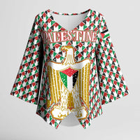 Palestine Christmas Kimono Sleeve Blouse with Red-Green Pattern, Golden Eagle Emblem, and Jesus Holding Flag Motif - Wonder Print Shop