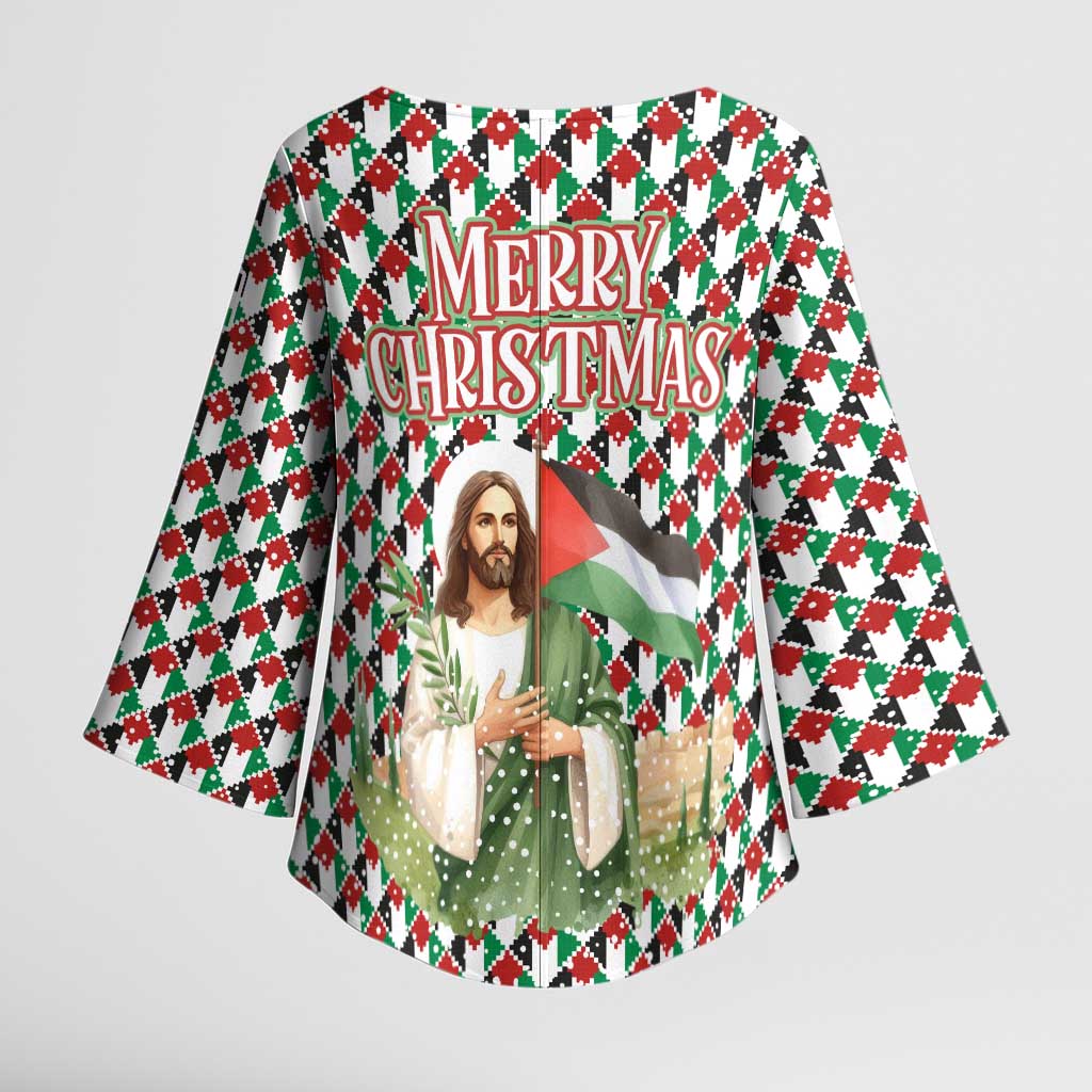 Palestine Christmas Kimono Sleeve Blouse with Red-Green Pattern, Golden Eagle Emblem, and Jesus Holding Flag Motif - Wonder Print Shop