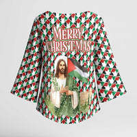 Palestine Christmas Kimono Sleeve Blouse with Red-Green Pattern, Golden Eagle Emblem, and Jesus Holding Flag Motif - Wonder Print Shop