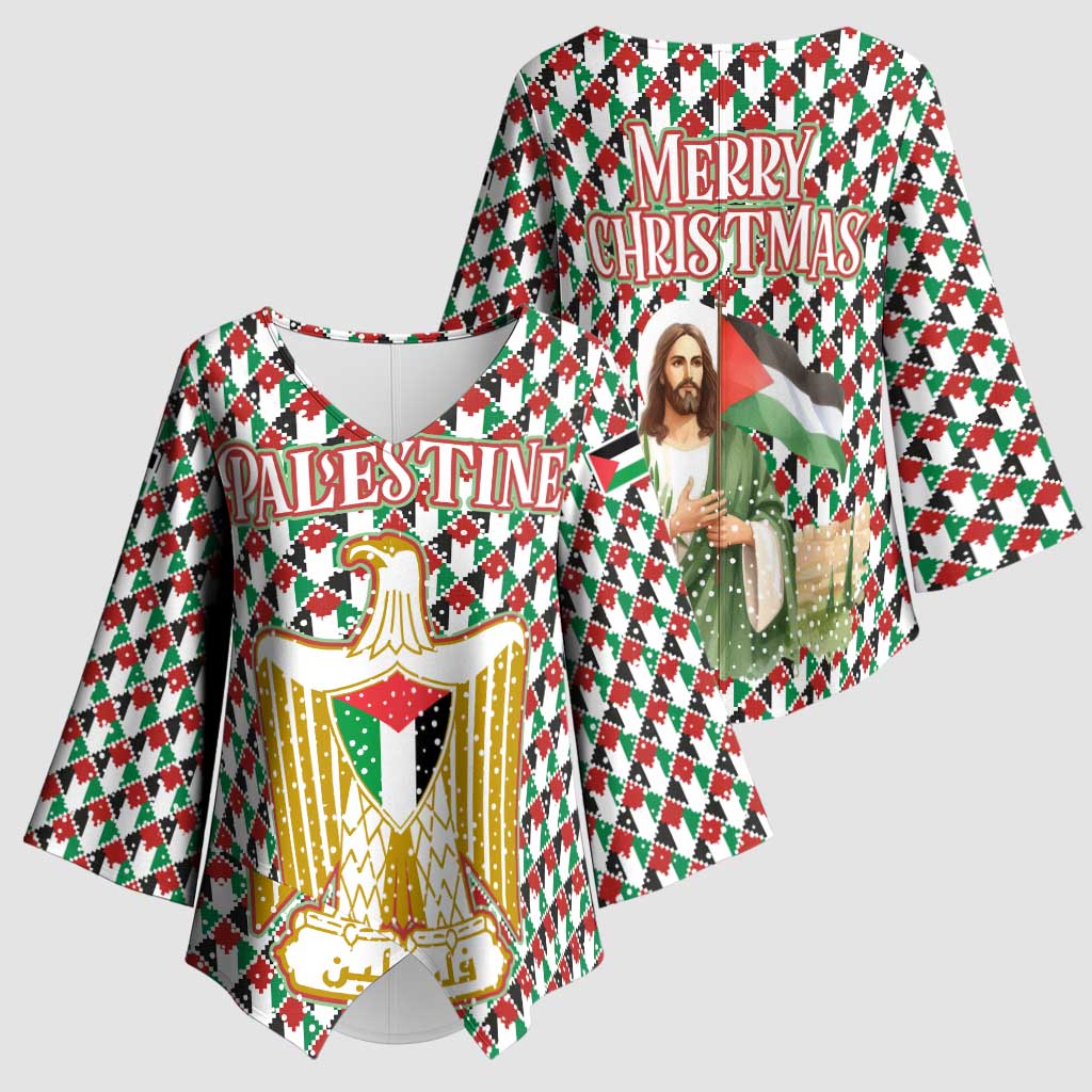 Palestine Christmas Kimono Sleeve Blouse with Red-Green Pattern, Golden Eagle Emblem, and Jesus Holding Flag Motif - Wonder Print Shop