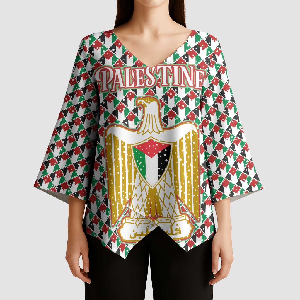 Palestine Christmas Kimono Sleeve Blouse with Red-Green Pattern, Golden Eagle Emblem, and Jesus Holding Flag Motif - Wonder Print Shop