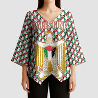 Palestine Christmas Kimono Sleeve Blouse with Red-Green Pattern, Golden Eagle Emblem, and Jesus Holding Flag Motif - Wonder Print Shop