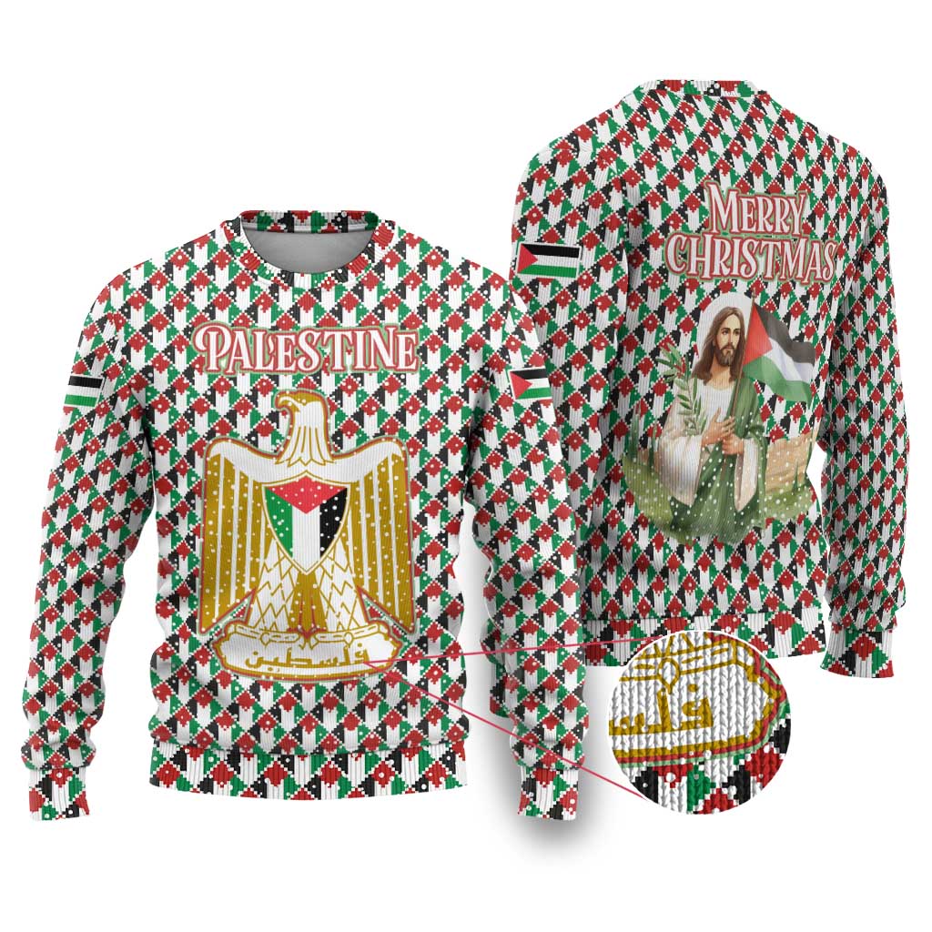 Palestine Christmas Ugly Christmas Sweater with Red-Green Pattern, Golden Eagle Emblem, and Jesus Holding Flag Motif - Wonder Print Shop