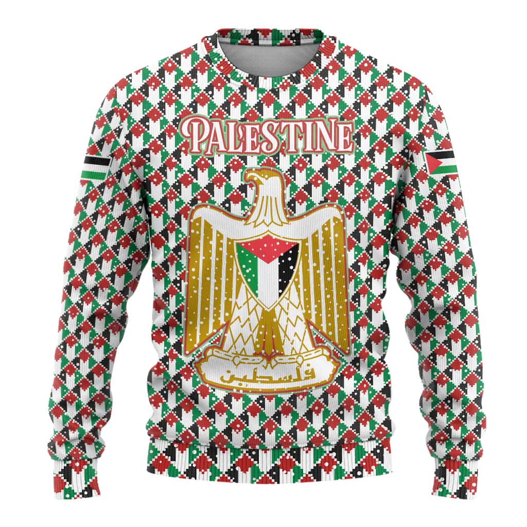 Palestine Christmas Ugly Christmas Sweater with Red-Green Pattern, Golden Eagle Emblem, and Jesus Holding Flag Motif - Wonder Print Shop