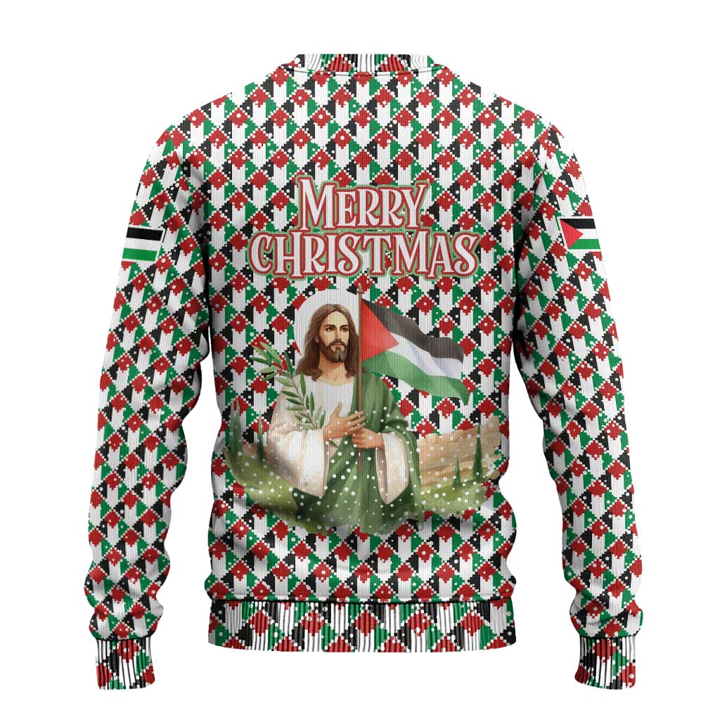 Palestine Christmas Ugly Christmas Sweater with Red-Green Pattern, Golden Eagle Emblem, and Jesus Holding Flag Motif - Wonder Print Shop