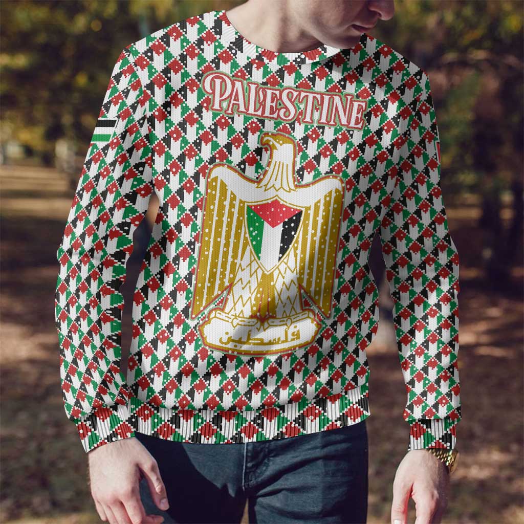 Palestine Christmas Ugly Christmas Sweater with Red-Green Pattern, Golden Eagle Emblem, and Jesus Holding Flag Motif - Wonder Print Shop
