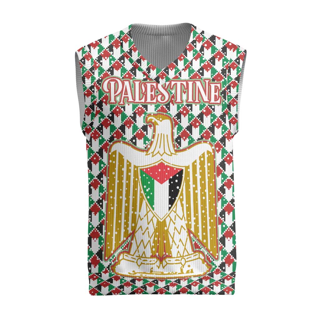 Palestine Christmas Knitted V-Neck Vest with Red-Green Pattern, Golden Eagle Emblem, and Jesus Holding Flag Motif - Wonder Print Shop