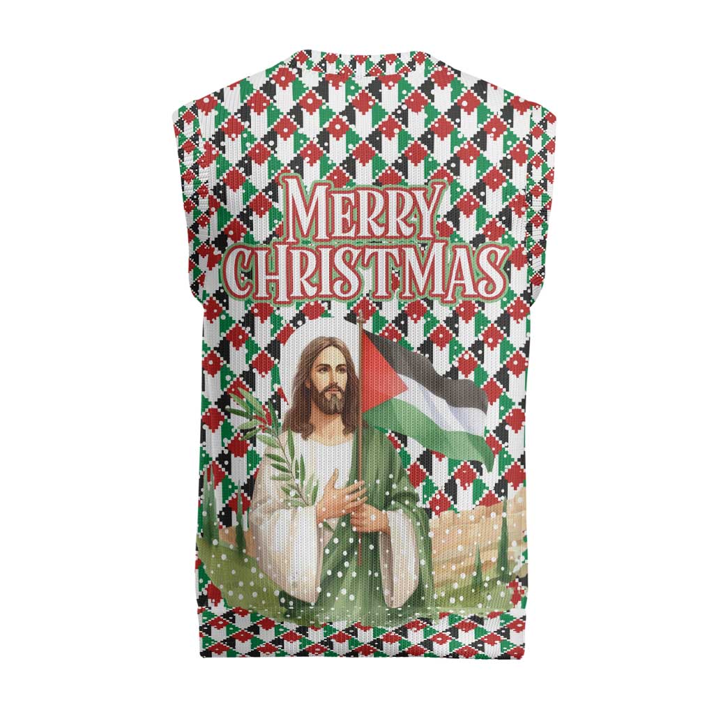 Palestine Christmas Knitted V-Neck Vest with Red-Green Pattern, Golden Eagle Emblem, and Jesus Holding Flag Motif - Wonder Print Shop