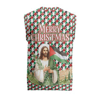 Palestine Christmas Knitted V-Neck Vest with Red-Green Pattern, Golden Eagle Emblem, and Jesus Holding Flag Motif - Wonder Print Shop