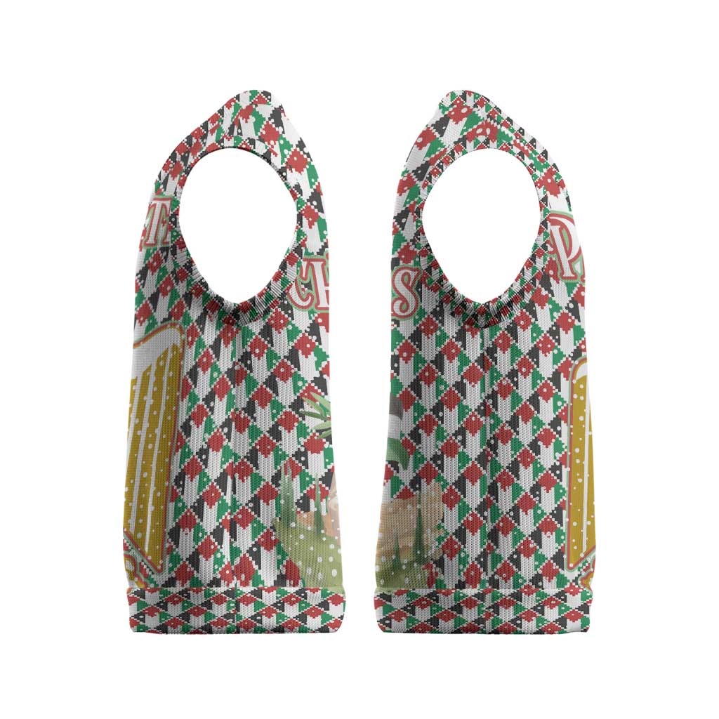 Palestine Christmas Knitted V-Neck Vest with Red-Green Pattern, Golden Eagle Emblem, and Jesus Holding Flag Motif - Wonder Print Shop