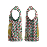 Palestine Christmas Knitted V-Neck Vest with Red-Green Pattern, Golden Eagle Emblem, and Jesus Holding Flag Motif - Wonder Print Shop