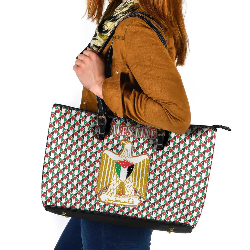 Palestine Christmas Leather Tote Bag with Red-Green Pattern, Golden Eagle Emblem, and Jesus Holding Flag Motif - Wonder Print Shop