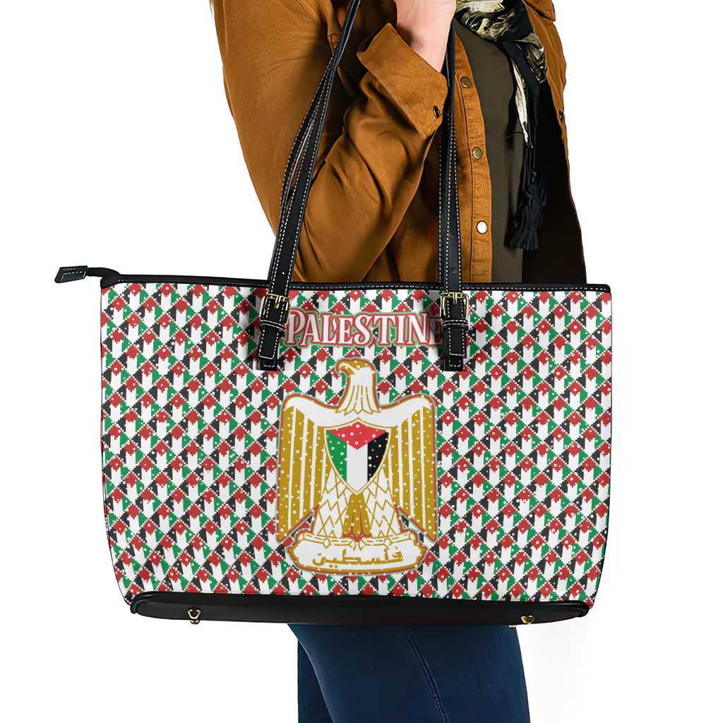 Palestine Christmas Leather Tote Bag with Red-Green Pattern, Golden Eagle Emblem, and Jesus Holding Flag Motif - Wonder Print Shop