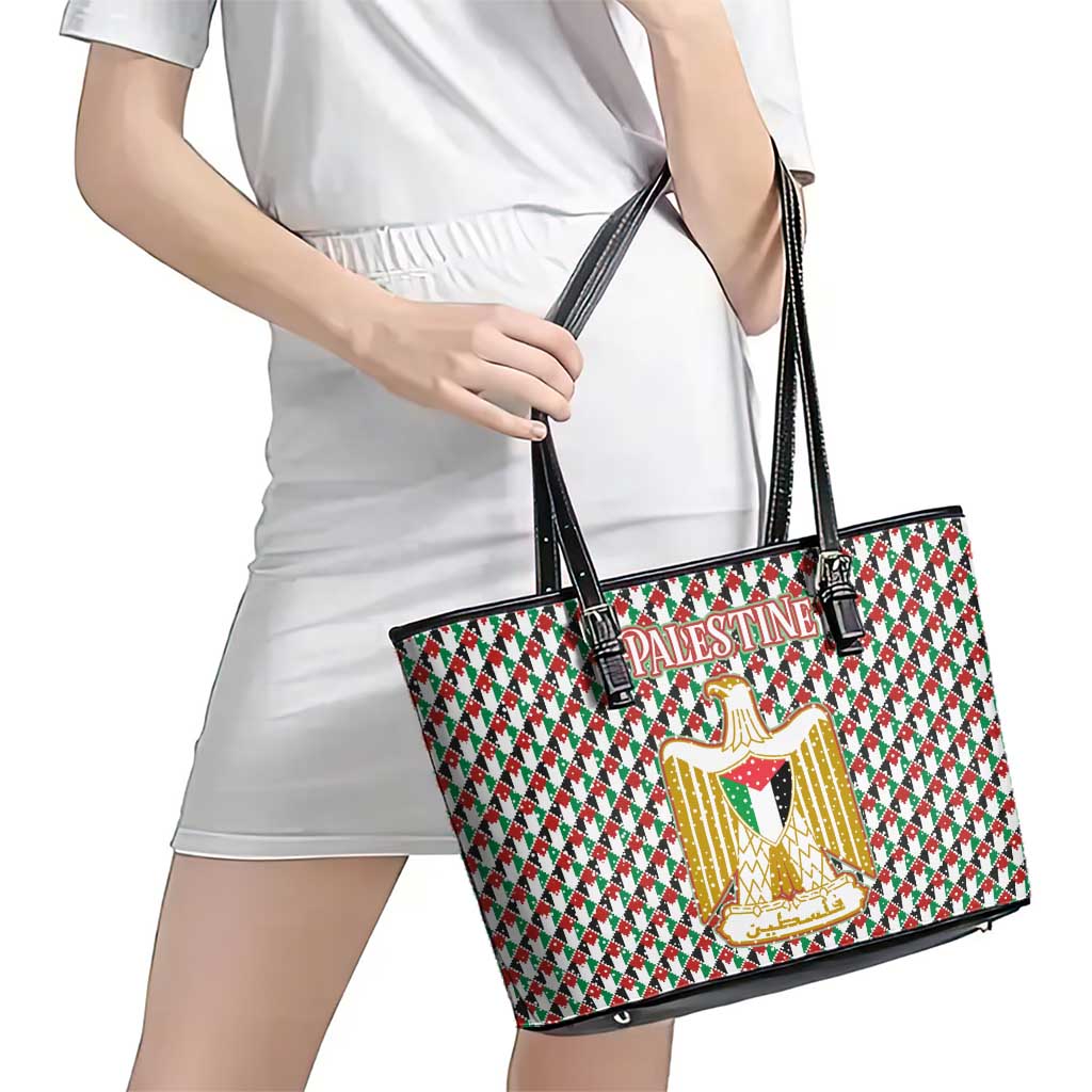 Palestine Christmas Leather Tote Bag with Red-Green Pattern, Golden Eagle Emblem, and Jesus Holding Flag Motif - Wonder Print Shop